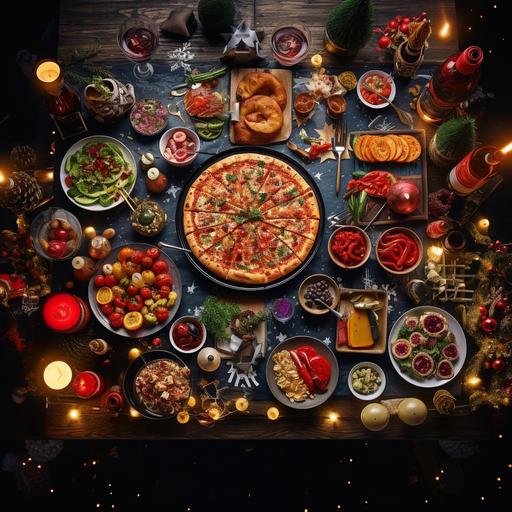 shiny magic christmas table direct up top view, there is pizza, sushi rolls, salads , snow and candles