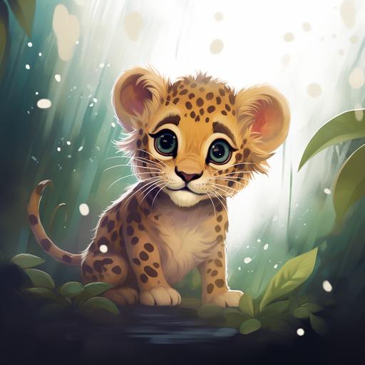 this baby leopard in cartoon-like watercolour illustration in pouring rain vector for a children's book