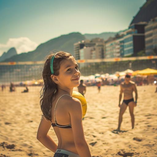 caucasian brazilian 12 years old girl playing beach volleyball on the copacabana beach in sunshine day --v 6.0