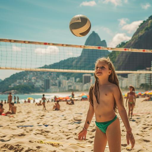 caucasian brazilian 12 years old girl playing beach volleyball on the copacabana beach in sunshine day