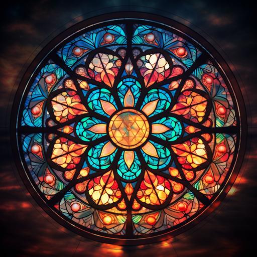 a large beautiful circular stain glass window with sacred geometry and bright vivid sunlight shining though, warm clours, zoomed in so it takes up the whole image, realistic, 8K