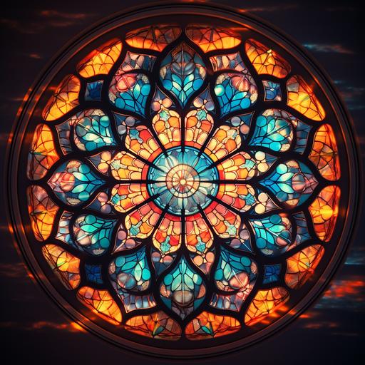 a large beautiful circular stain glass window with sacred geometry and bright vivid sunlight shining though, warm clours, zoomed in so it takes up the whole image, realistic, 8K