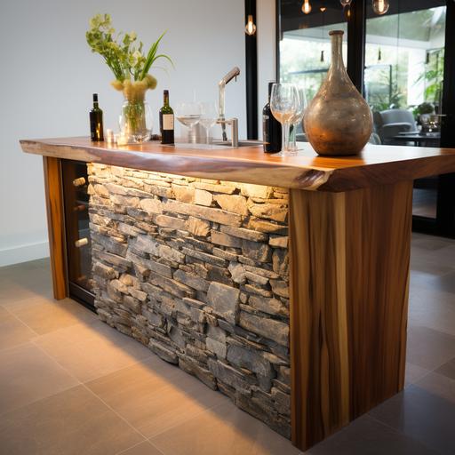 custom modern teak home bar counter with stone top