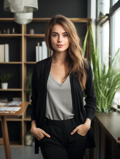 a young lady open frong black cardigan, in office --ar 9:12