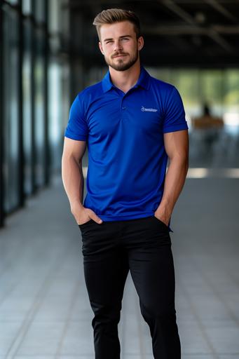 a young man royal blue polo shirt with open sleeve campus