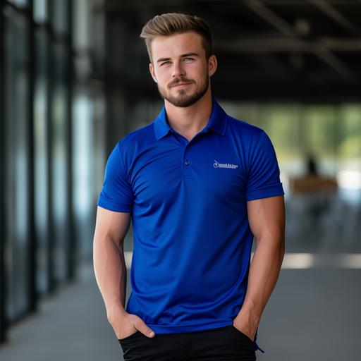 a young man royal blue polo shirt with open sleeve campus