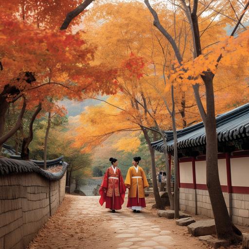 In the heart of Seoul, amidst the vibrant colors of autumn leaves, create a scene that encapsulates the essence of a Korean fall. The trees are ablaze with shades of red, orange, and gold, casting a warm and inviting glow. A traditional hanbok-clad couple strolls hand in hand, their laughter echoing through the serene surroundings. The soft, golden hour sunlight bathes everything in a gentle, nostalgic warmth. Photo taken by Minho Kim with a Fujifilm GFX 100S, capturing the beauty of the moment with a touch of documentary-style photography. 8K, Ultra-HD, Super-Resolution. --v 5.0