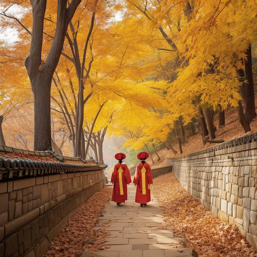 In the heart of Seoul, amidst the vibrant colors of autumn leaves, create a scene that encapsulates the essence of a Korean fall. The trees are ablaze with shades of red, orange, and gold, casting a warm and inviting glow. A traditional hanbok-clad couple strolls hand in hand, their laughter echoing through the serene surroundings. The soft, golden hour sunlight bathes everything in a gentle, nostalgic warmth. Photo taken by Minho Kim with a Fujifilm GFX 100S, capturing the beauty of the moment with a touch of documentary-style photography. 8K, Ultra-HD, Super-Resolution. --v 5.0