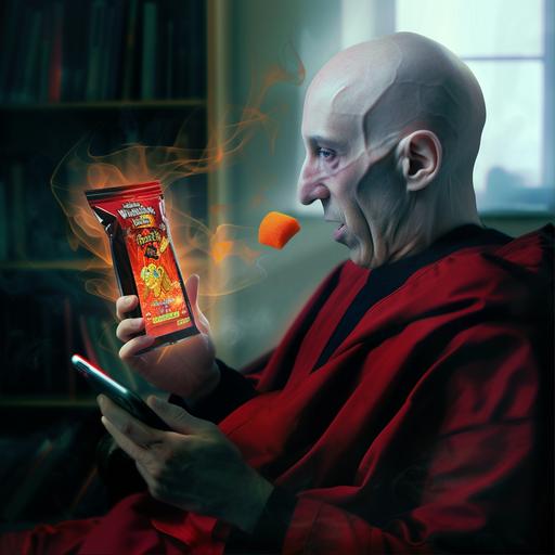 Voldemort from the Deathly hallows enthusiastically playing video games on an iPhone while also eating hot Cheetos. The bag of hot Cheetos is being levitated and a single Cheeto is being levitated into his mouth. --s 50 --v 6.0