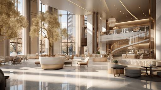 A luxe mall double heighted lobby with a coffee bar,neutral material pallete with champagne gold accents and rounded rectangular forms, daylight view --ar 16:9