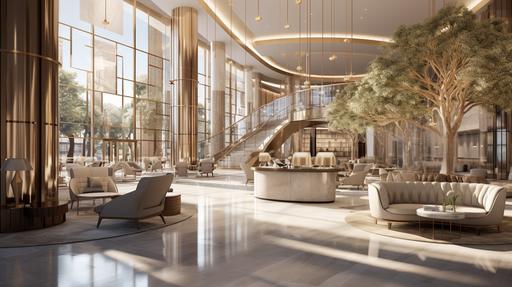A luxe mall double heighted lobby with a coffee bar,neutral material pallete with champagne gold accents and rounded rectangular forms, daylight view --ar 16:9