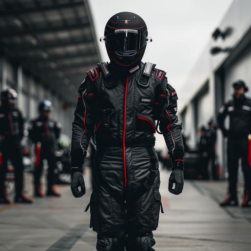 A man working in the pits at a car race. The man is wearing a black work pieced together uniform. It is designed to look like a racing suit and is cool, with red piping as an accent. The man is facing forward.