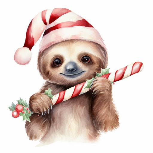 Watercolor clipart of christmas happy baby sloth hanging on candy cane, white background, hand-crafted texture, pastel vibrant colors, detailed