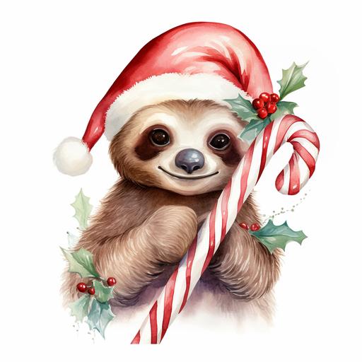 Watercolor clipart of christmas happy baby sloth hanging on candy cane, white background, hand-crafted texture, pastel vibrant colors, detailed