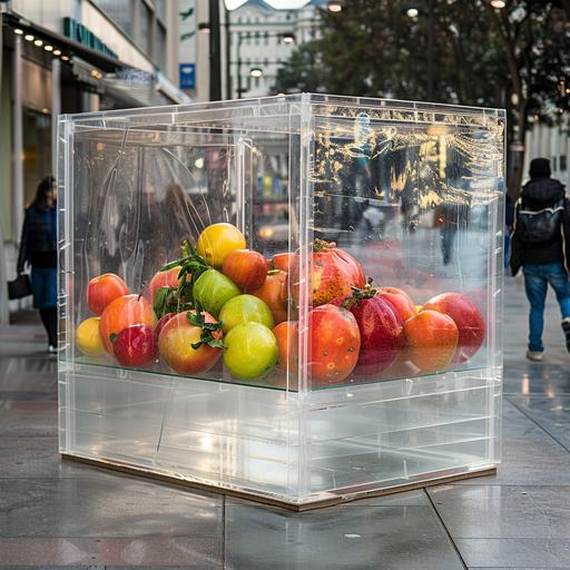 human size transparent box with fruit on the street/