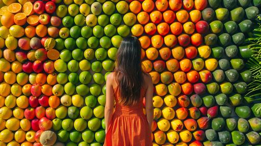 wall made of fruits on marketing promotion/ girl standing in front of the wall/ outdoor/ professional photography / color / light tone 8k --ar 16:9
