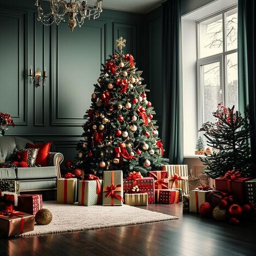 Many gifts in green and red under Christmas tree. Photo studio, The interior is very bright. Realistic. --v 6.0
