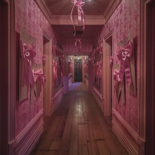 Victorian style house, inside the house at the entrance it is empty, light wooden floor, walls with pink wallpaper, vertical lines, many paintings of bows on the wall, the atmosphere is dark and a bit horror due to the lots of these pink satin bows everywhere, the aesthetic is wes anderson meets tim burton, light pink, more bows, more bows everywhere, more light pink, more tim burton location --style raw