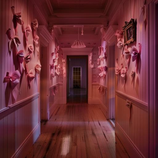 Victorian style house, inside the house at the entrance it is empty, light wooden floor, walls with pink wallpaper, vertical lines, many paintings of bows on the wall, the atmosphere is dark and a bit horror due to the lots of these pink satin bows everywhere, the aesthetic is wes anderson meets tim burton, light pink, more ribbons, more --style raw