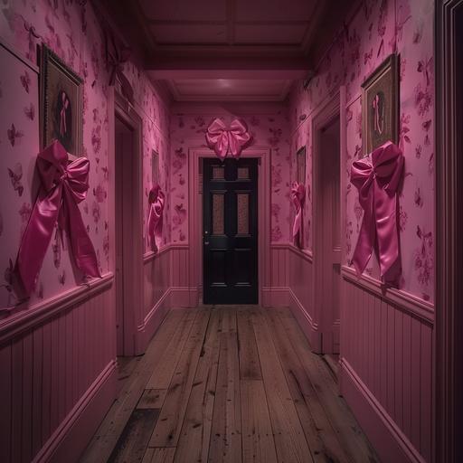 Victorian style house, inside the house at the entrance it is empty, light wooden floor, walls with pink wallpaper, vertical lines, many paintings of bows on the wall, the atmosphere is dark and a bit horror due to the lots of these pink satin bows everywhere, the aesthetic is wes anderson meets tim burton --style raw