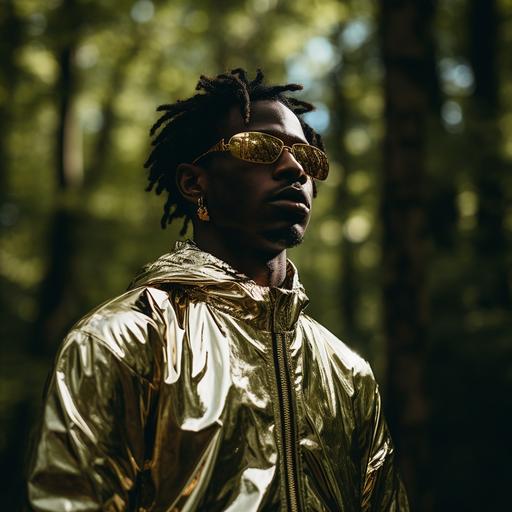 a guy strangers, dark skin, young, raw skin, gold jumpsuit with zip, grillz theet, rap, bad attitude, background dark, outside, forest, versace vibes --style raw