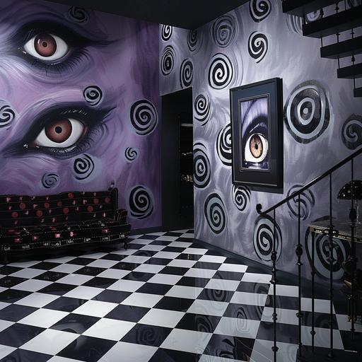 a living room with a black and white checkered floor, on the walls a gray and purple wallpaper with drawn and imperfect, slightly crooked spirals. a dark room, with a picture hanging where many eyes are depicted, all with a Tim Burton aesthetic --style raw