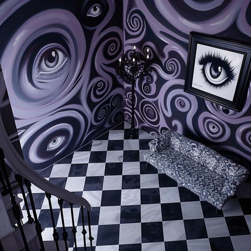 a living room with a black and white checkered floor, a point of view from above, on the walls a gray and purple wallpaper with drawn and imperfect, slightly crooked spirals. a dark room, with a picture hanging where many eyes are depicted, all with a Tim Burton aesthetic --style raw