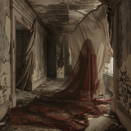 an American location from the 1920s, the roaring twenties, everything abandoned and deteriorated, everything is dark, you can see a ghost made of dark red burgundy transparent fabric, more fabrics --style raw