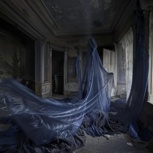 an American location from the 1920s, the roaring twenties, everything abandoned and deteriorated, everything is dark, you can see a ghost made of midnight blue transparent fabric, more fabrics --style raw