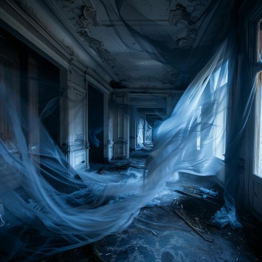 an American location from the 1920s, the roaring twenties, everything abandoned and deteriorated, everything is dark, you can see a ghost made of midnight blue transparent fabric --style raw