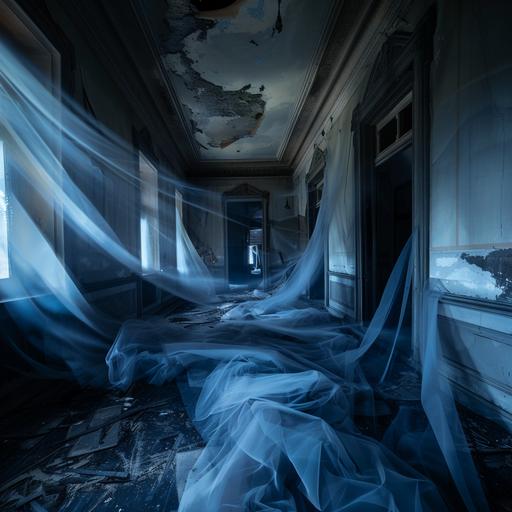 an American location from the 1920s, the roaring twenties, everything abandoned and deteriorated, everything is dark, you can see a ghost made of midnight blue transparent fabric --style raw