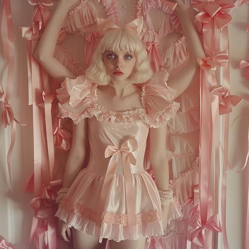 blonde woman with fringe, full figure, particularly hollow face with large blue eyes, white skin, wearing a short pink dress, and is full of bows, her hair is loose on her head, pink satin bows on her arms, pink satin bows on her legs , pink satin bows on the head, everything has a very Tim Burton aesthetic, more ribbons --style raw