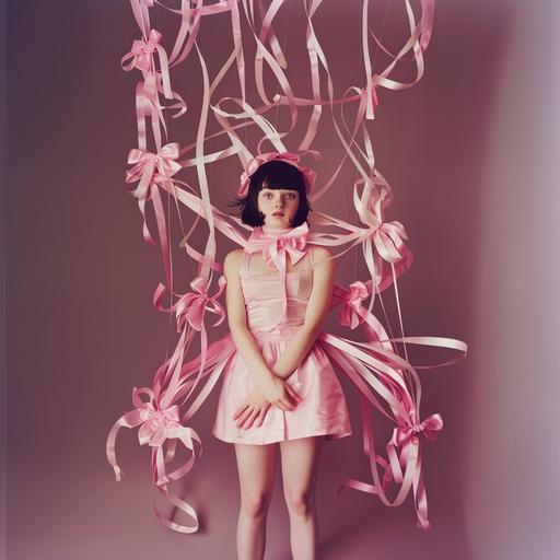 brunette adult woman, full figure, particularly hollow face with big eyes, white skin, she is wearing a very simple short pink dress and is full of bows, pink satin bows on her arms that are many, pink satin bows on her legs, pink satin bows on her head, everything has a very Tim Burton aesthetic, more ribbons, dress more simple, very simple without straps, frontal position, with arms at your sides, short hair, more arms with ribbons --style raw