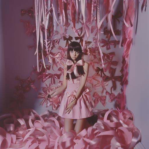 brunette adult woman with bangs, full figure, particularly hollow face with big eyes, white skin, she is wearing a very simple short pink dress and is full of bows, her hair is loose on her head and is long and straight, pink satin bows on her arms that are many, pink satin bows on her legs, pink satin bows on her head, everything has a very Tim Burton aesthetic, more ribbons, dress more simple, very simple without straps, frontal position, with arms at your sides --style raw