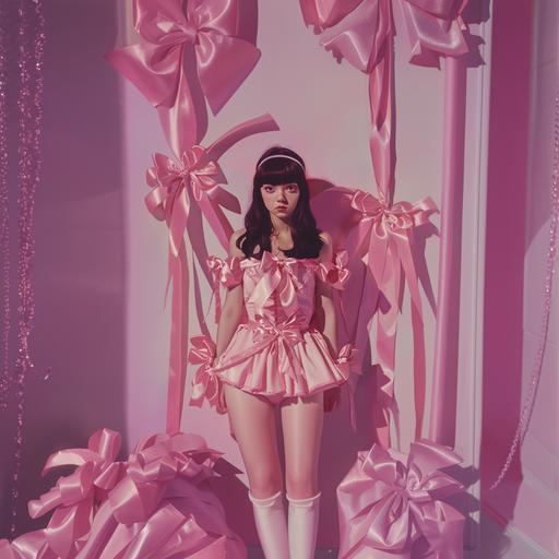 brunette adult woman with bangs, full figure, particularly hollow face with big eyes, white skin, she is wearing a very simple short pink dress and is full of bows, her hair is loose on her head and is long and straight, pink satin bows on her arms that are many, pink satin bows on her legs, pink satin bows on her head, everything has a very Tim Burton aesthetic, more ribbons, dress more simple, very simple without straps, frontal position, with arms at your sides, just location without girl --style raw