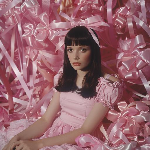 brunette adult woman with bangs, full figure, particularly hollow face with big eyes, white skin, she is wearing a very simple short pink dress and is full of bows, her hair is loose on her head and is long and straight, pink satin bows on her arms that are many, pink satin bows on her legs, pink satin bows on her head, everything has a very Tim Burton aesthetic, more ribbons --style raw