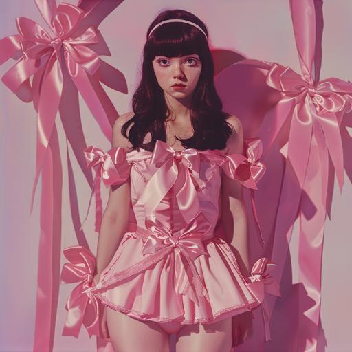 brunette adult woman with bangs, full figure, particularly hollow face with big eyes, white skin, she is wearing a very simple short pink dress and is full of bows, her hair is loose on her head and is long and straight, pink satin bows on her arms that are many, pink satin bows on her legs, pink satin bows on her head, everything has a very Tim Burton aesthetic, more ribbons, dress more simple, very simple without straps, frontal position, with arms at your sides, just location without girl --style raw