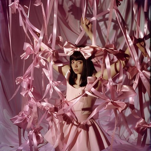 brunette adult woman with bangs, full figure, particularly hollow face with big eyes, white skin, she is wearing a very simple short pink dress and is full of bows, her hair is loose on her head and is long and straight, pink satin bows on her arms that are many, pink satin bows on her legs, pink satin bows on her head, everything has a very Tim Burton aesthetic, more ribbons, dress more simple, very simple without straps --style raw