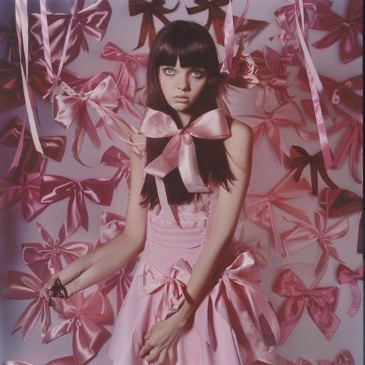 brunette adult woman with bangs, full figure, particularly hollow face with big eyes, white skin, she is wearing a very simple short pink dress and is full of bows, her hair is loose on her head and is long and straight, pink satin bows on her arms that are many, pink satin bows on her legs, pink satin bows on her head, everything has a very Tim Burton aesthetic, more ribbons, dress more simple, very simple without straps, frontal position, with arms at your sides --style raw