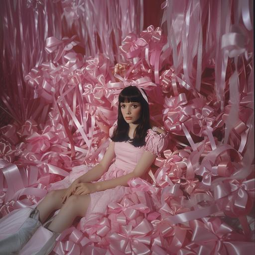 brunette adult woman with bangs, full figure, particularly hollow face with big eyes, white skin, she is wearing a very simple short pink dress and is full of bows, her hair is loose on her head and is long and straight, pink satin bows on her arms that are many, pink satin bows on her legs, pink satin bows on her head, everything has a very Tim Burton aesthetic, more ribbons --style raw