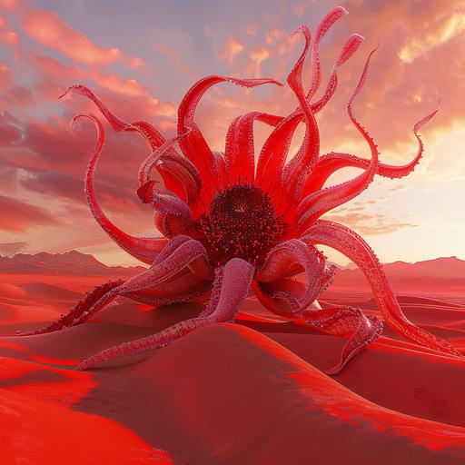 cinematic view, point of view in the middle of the dunes, desert location, all red palette, there is a giant flower in the center with tentacles that always come out in various shades of red, the flower has enormous dimensions, a bit of a Tim Burton-esque world --style raw