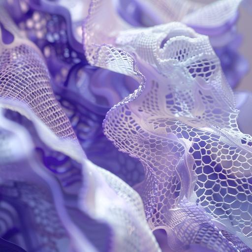 close up, abstract, alternative reality, floating lace and elastic elements, abstract and geometric world, the colors and palette are winter, purple and white. aesthetics is tech --style raw