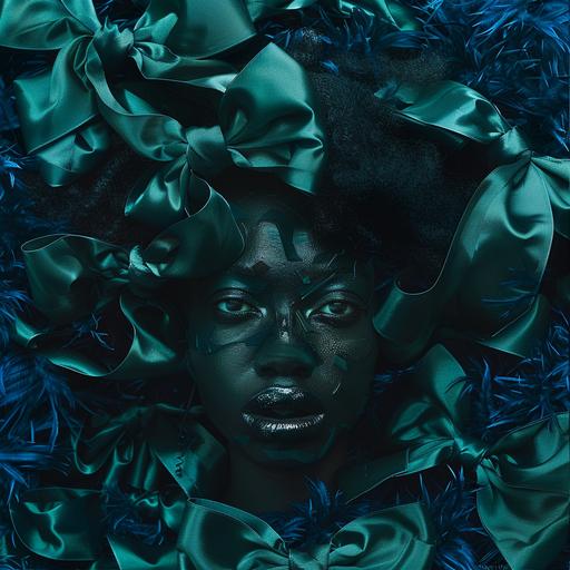 face of a black woman, oriented to the left, horror Tim Burton style with emerald green satin bows on the face, a background of cobalt blue feathers style Howl's Moving Castle, more tim burton style, green bows coming out of her face, more bows, more tim burton --style raw