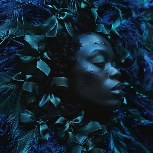 face of a black woman, oriented to the right, horror Tim Burton style with emerald green satin bows on the face, a background of cobalt blue feathers style Howl's Moving Castle --style raw
