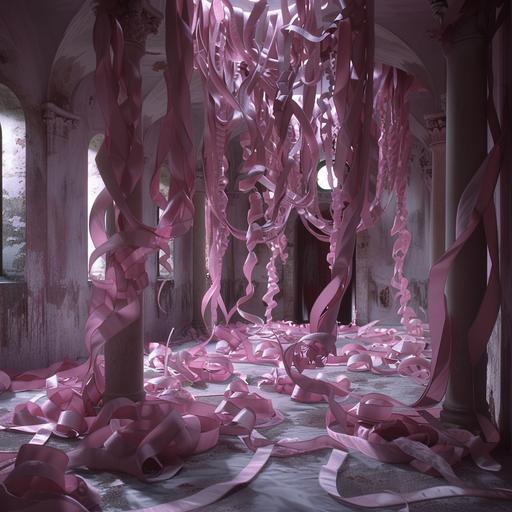 gloomy, dark place very Tim Burton style, the very light pink set, full of animated satin ribbons that move like tentacles, light pink satin bows that hang from the ceiling like monsters, full pink satin ribbons on the floor that fill the room up to the knees. --style raw