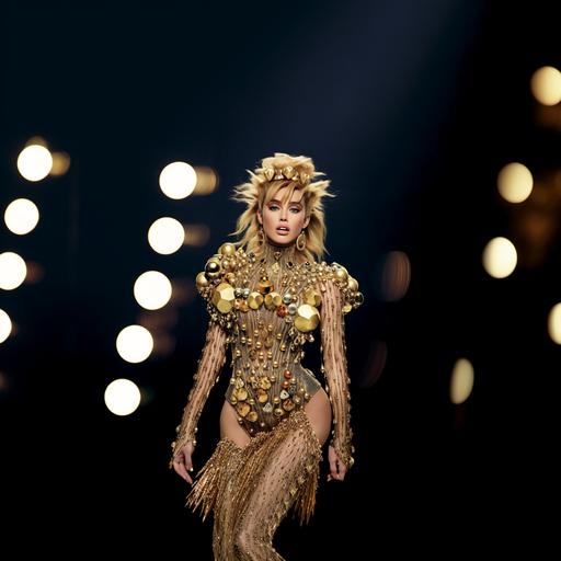 miley cyrus, grammy 2024, maison margiela dress, barbarella movies, with monster from barbarella, the face more miley cyrus, the dress made of gold brooches, more hair, face of miley cyrus
