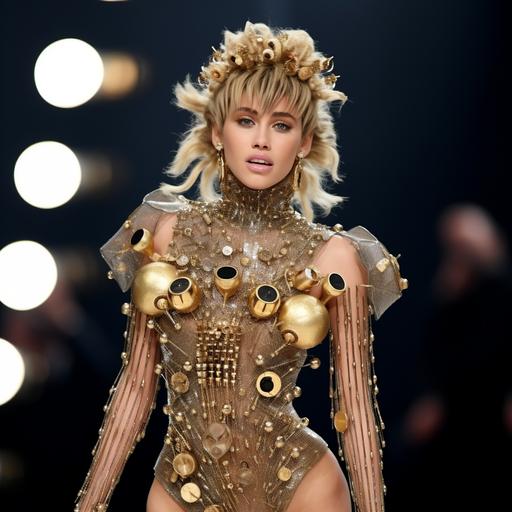 miley cyrus, grammy 2024, maison margiela dress, barbarella movies, with monster from barbarella, the face more miley cyrus, the dress made of gold brooches, more hair