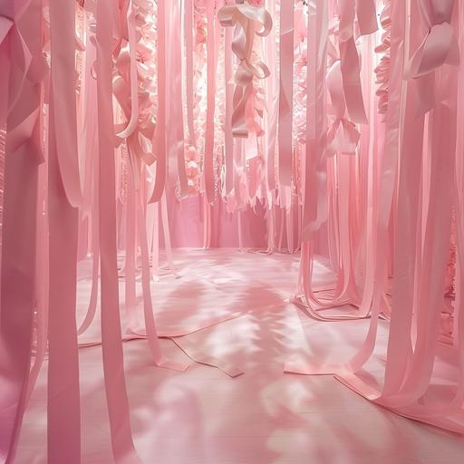 very light pink set, full of satin ribbons, light pink satin bows hanging from the ceiling, full floor pink satin ribbons, more ribbons pink, tim burton aestetich, more dark but more light pink room --style raw