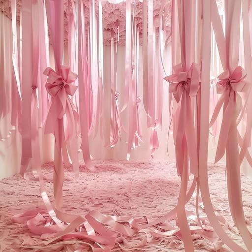 very light pink set, full of satin ribbons, light pink satin bows hanging from the ceiling, full floor pink satin ribbons --style raw