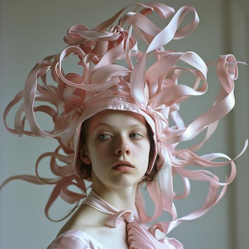 woman with hat made of light pink silk bows that move like tentacles upwards, front face --style raw